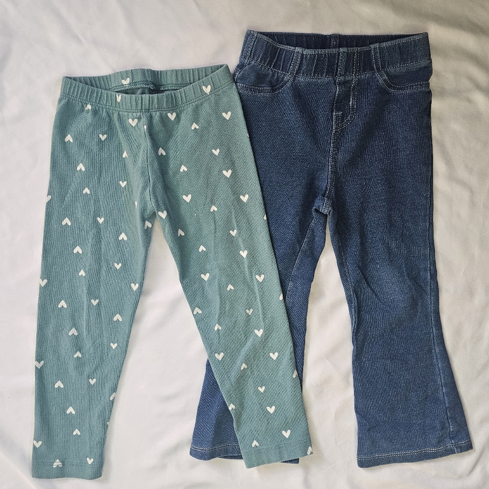 Set Of 2 Toddler Girls Leggings- Hearts And Denim Flare- Old Navy/Cat & Jack- 3T